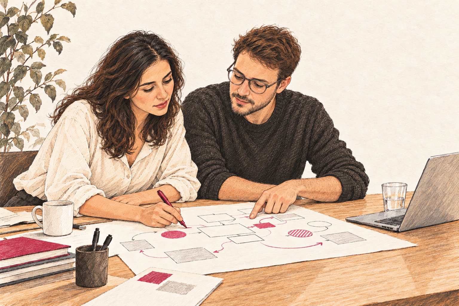 Illustration de deux professionnels construisant ensemble un plan de travail sur papier.
